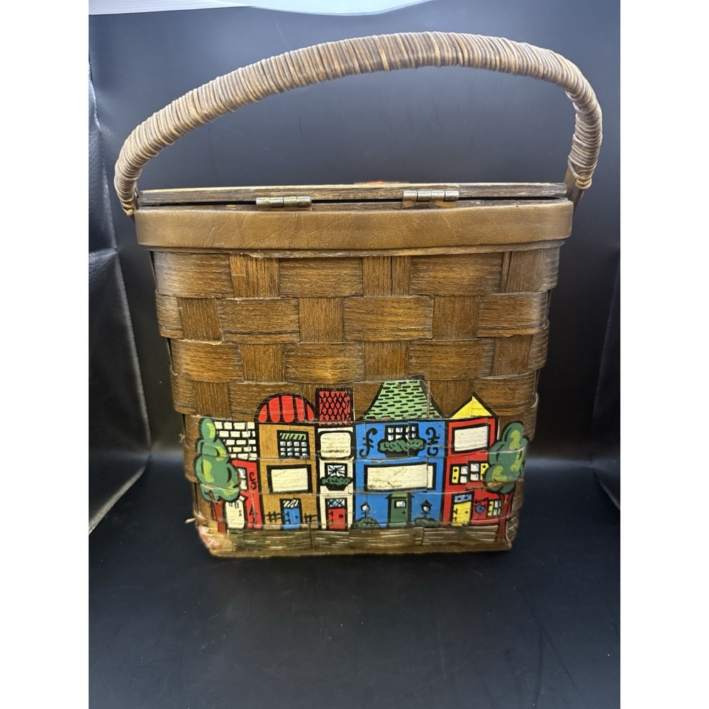 Vintage Smart Set Phenix Woven Basket Purse Handbag Painted Houses 1960s - Picture 3 of 7